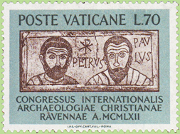 Timbre-poste, 2e valeur dune srie de deux identiques, mis par le Vatican en 1962 pour le Congrs international dArchologie chrtienne  Ravenne ancienne capitale de lempire romain.