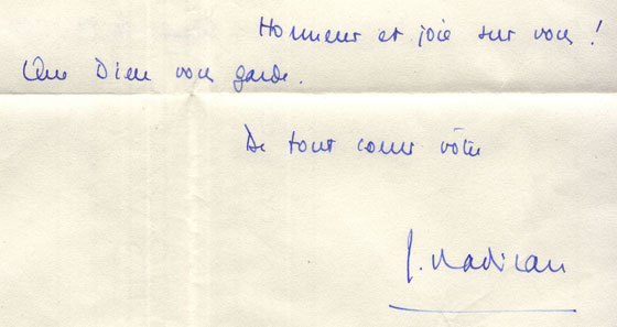 Fin de la lettre  exprs  dans laquelle Jean Madiran exprime le regret de ne pas pouvoir venir assister   l