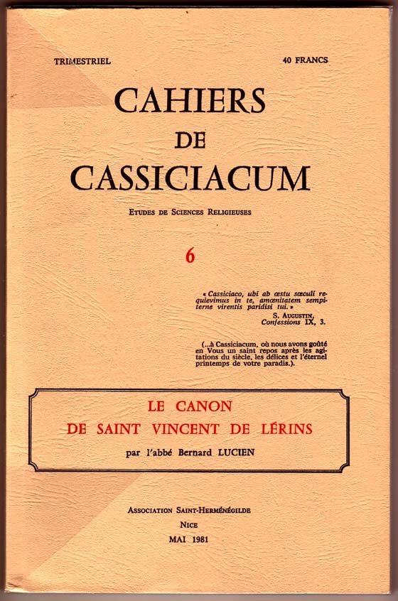 Couverture du N 6 des  Cahiers de Cassiciacum  toujours disponibles  nos bureaux.