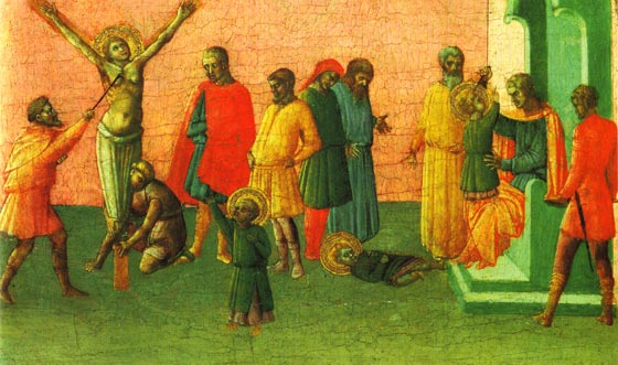 Saint Cyr défendant sainte Julitte sa mère, pris par le gouverneur sur ses genoux, violemment jeté sur le pavé.