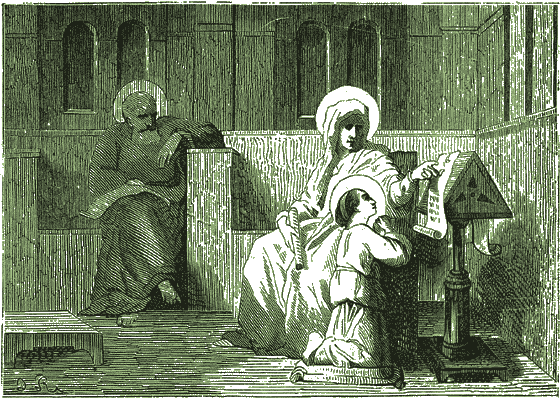 Sous le regard attentif du chef de famille, saint Joachim, sainte Anne enseigne la Sainte Vierge.