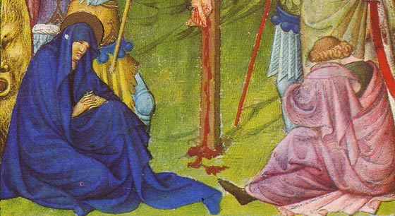 Longue mditation de Notre-Dame des sept Douleurs au pied de la Croix.  Les Belles Heures du duc Jean de Berry , dtail. (1408) 