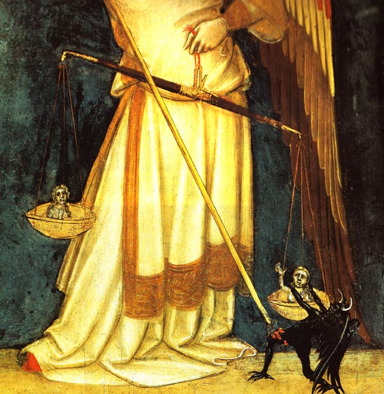 Saint Michel Archange pesant les mes (dtail), Guariento di Arpo, peinture sur bois, XIVe sicle (Padoue).