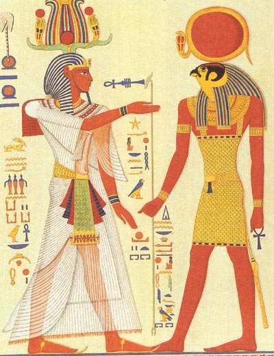 Un pharaon ( gauche) adore le dieu soleil R.