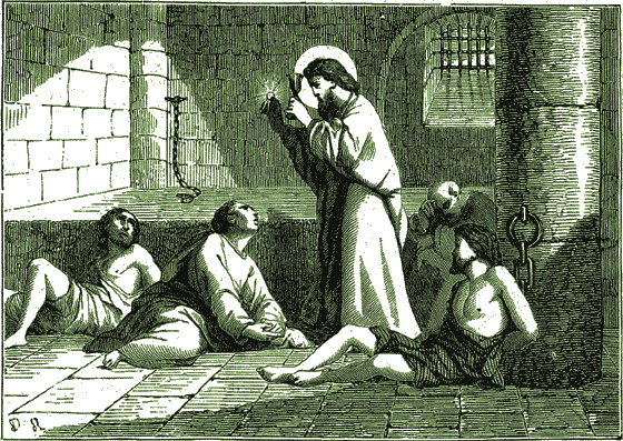Le prtre saint Valentin emprisonn, rconforte ses codtenus Chrtiens en leur donnant le Saint Sacrement.